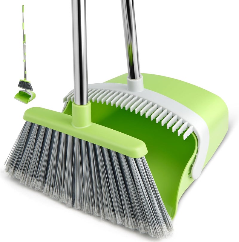 XXFLOWER Broom and Dustpan Set, Dustpans with Broom Combo for Home, Heavy Dust Broom and Dustpan Combo, Long Handle Dust Pan and Broom Set for Kitchen, Office, Pet Hair(Gray Green) - Image 1
